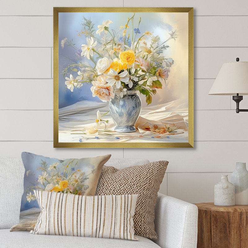 Élégant bouquet de fleurs, charme champêtre - Art mural sur toile, Cadre doré simple, H 24 po x l 24 po x P 1 po