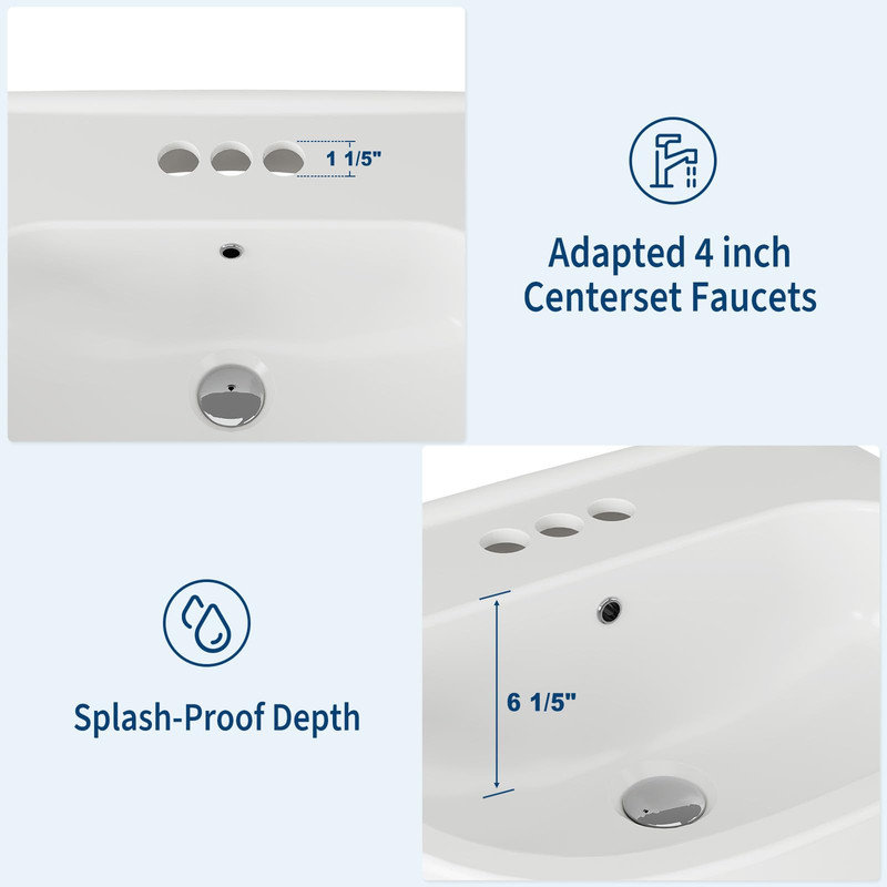 Lavabo à piédestal rectangulaire 22 po x 17 po - Meuble-lavabo en céramique avec trop-plein, 3 trous pré-percés pour robinets de 4 po