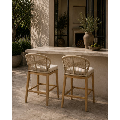 Tabourets de bar d'extérieur en bois d'acacia avec dossier tissé en corde Marcardo