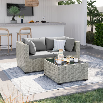Ensemble de canapé modulaire en osier 3 pièces avec coussins et table basse