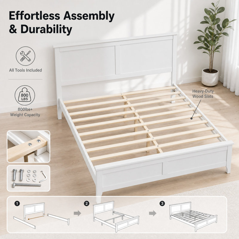 White Solid Wood Platform Bed Frame with Headboard & Footboard, Farmhouse Wooden Bed, No Box Spring Needed, Bedroom Furniture