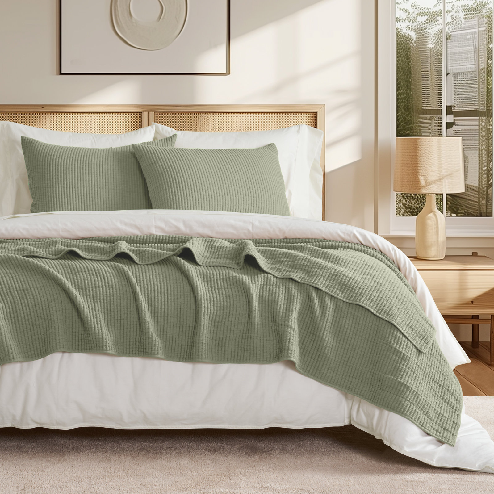 Ribbed Matelassé Cotton Coverlet Set, King Quilt + 2 King Shams, Sage Green