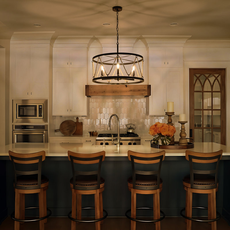 6-Light Dimmable Farmhouse Drum Chandelier With Hemp Rope Shade, Matte Black