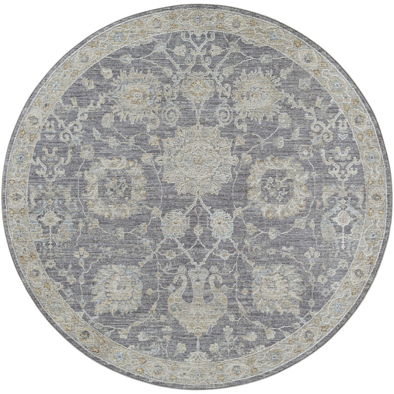 Garlef Machine Woven Oriental Gray/Blue Area Rug, Round 5'