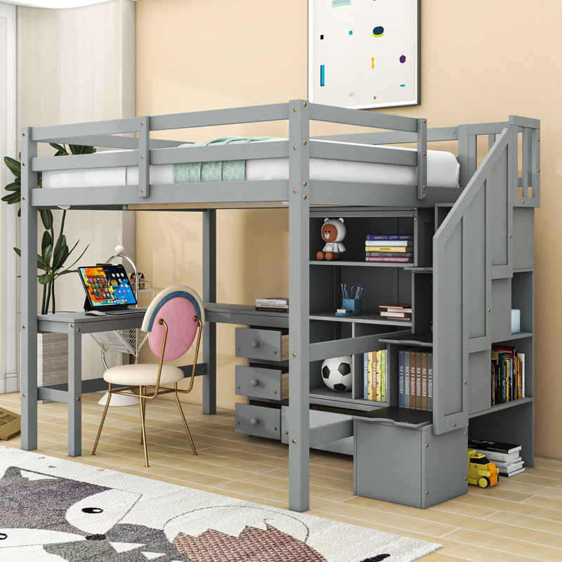 Full-Size Loft Bed With L-Shaped Desk, Storage Staircase, And Drawers, Gray
