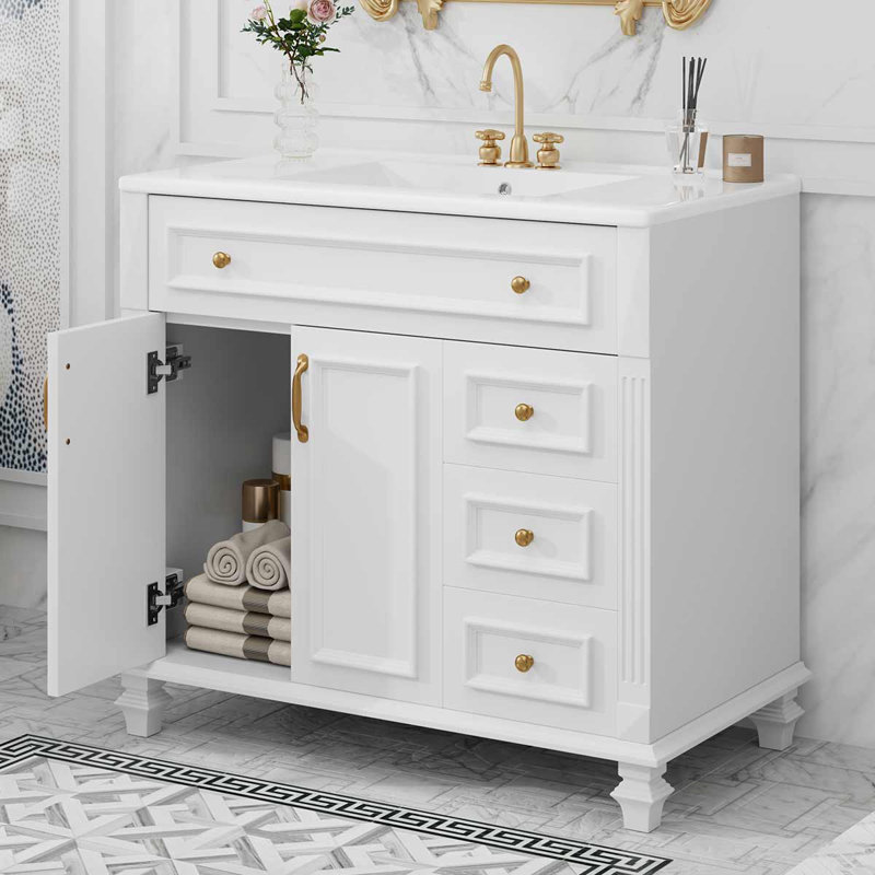 Meuble-lavabo 36 po avec lavabo en céramique et 4 tiroirs, Blanc / laiton