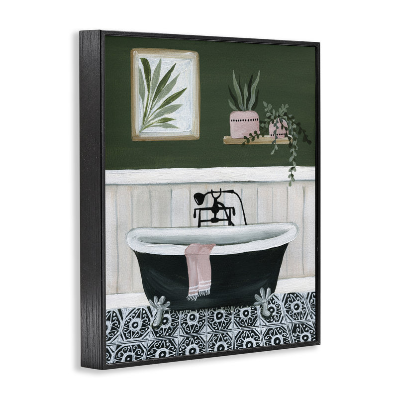 Scène de salle de bain verte, art giclée par Yvette St. Amant, Giclée encadrée noir minuit, H 14 po x l 11 po