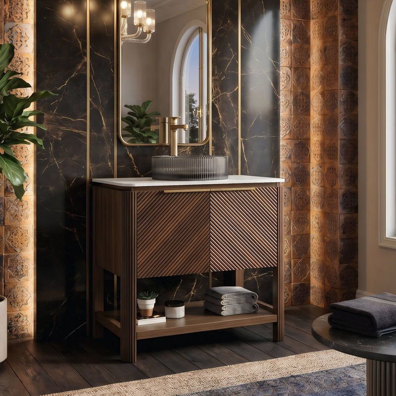 Meuble-lavabo de 30 po avec plateau en pierre frittée, armoire de contreplaqué à lattes en diagonale 3D et lavabo vasque de designer (30 styles de lavabo disponibles)