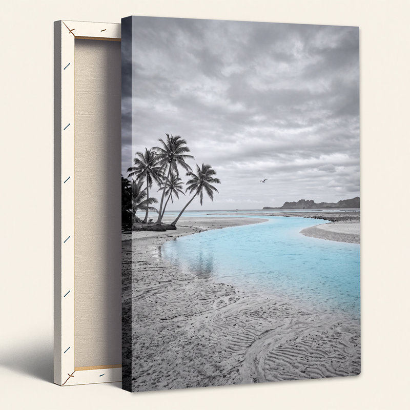 Toile turquoise sur une plage en noir et blanc avec palmiers, H 24 po x l 16 po
