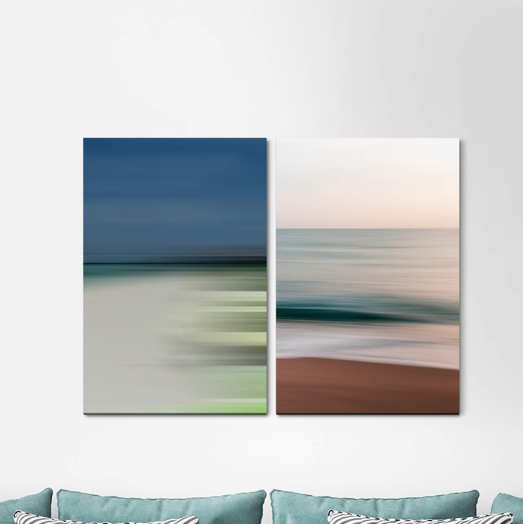 2-tlg. Leinwandbilder-Set - Grafikdruck „Pastel Tones Waves Beach Calming Modern Width”