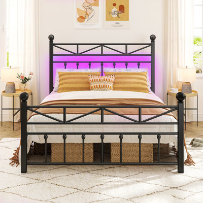53.6" H Metal Platform Bed with LED Lights and Vintage Headboard