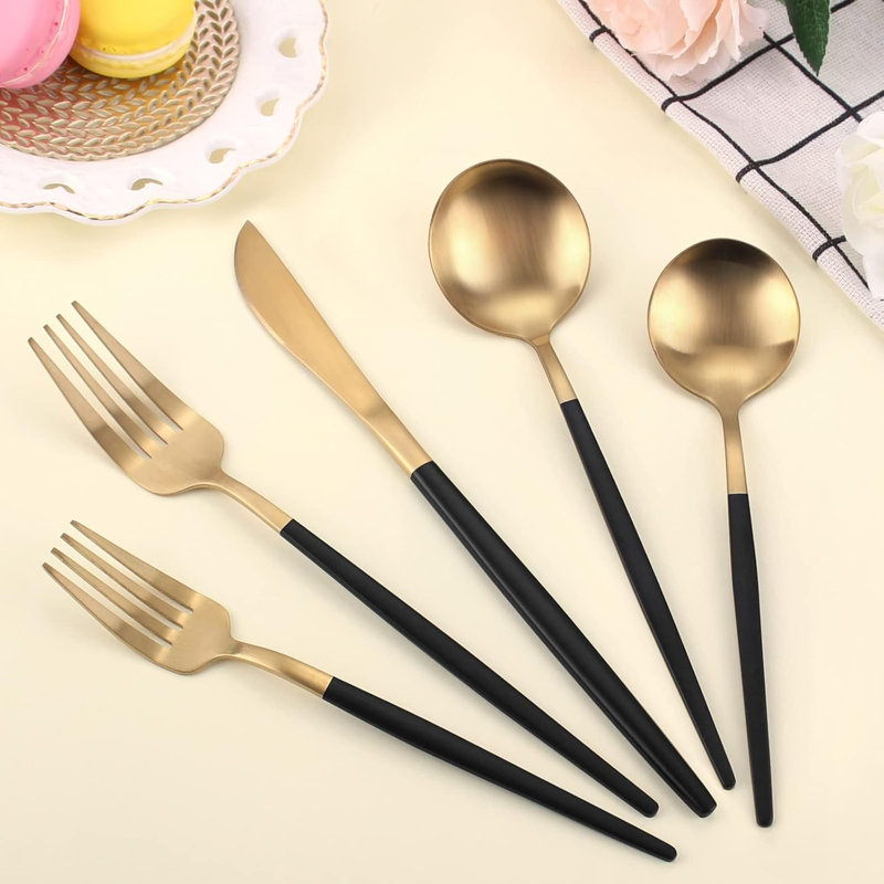 Matte Gold And Silverware Set With Black Handle