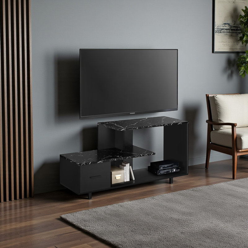 Meuble télé 48 po avec plateau en faux marbre noir Teagan, l 47,07 po x P 15,56 po x H 23,74 po, Black