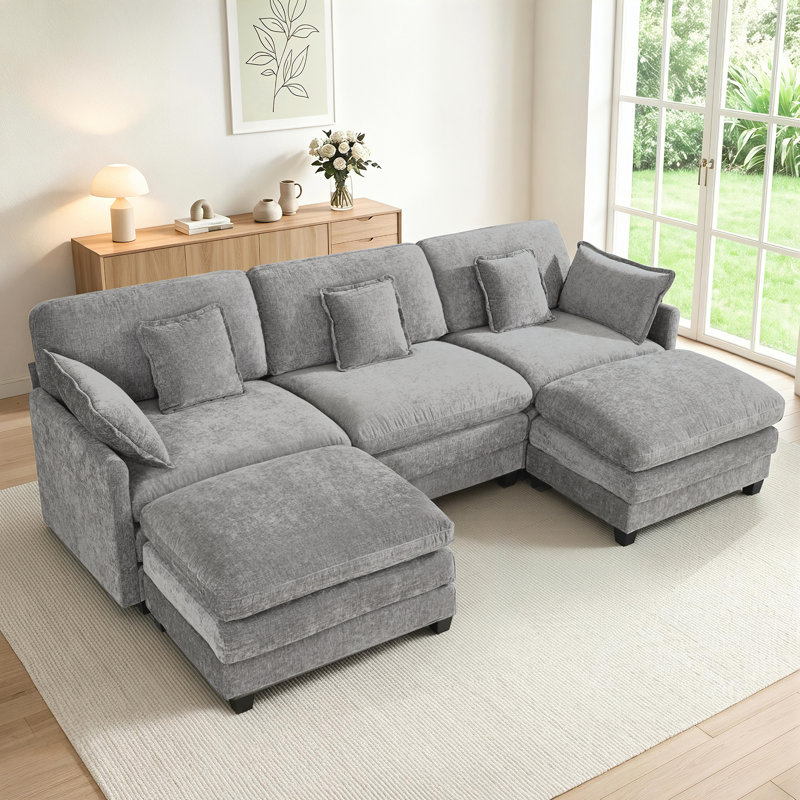 Canapé modulaire de 111,8 po, canapé 3 places en L avec 2 repose-pieds réversibles, 3 places avec 2 repose-pieds, Gris