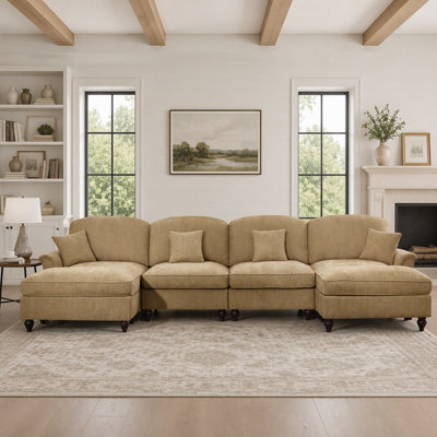 Canapé d'angle modulaire classique en forme de U à 4 places avec accoudoirs évasés, volants amovibles et poufs mobiles, canapé Cloud à assise profonde en chenille