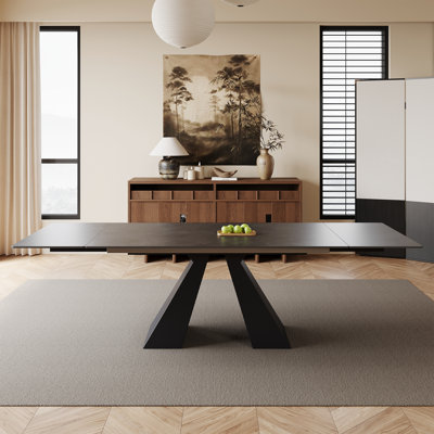 63" to 95" Extendable Sintered Stone Dining Table for 4-10, Black Matte Sintered Stone Table top, Black Steel Legs