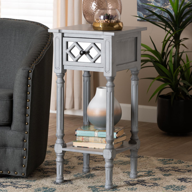 Gray Wood Accent Table with Mirrored Drawer and Storage Shelf