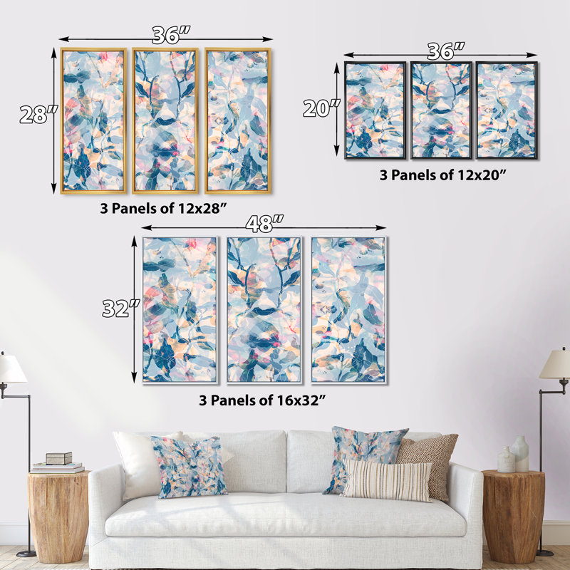 Rose et nuances de bleu - ensemble d'art mural sur toile traditionnel encadré de 3, H 20 po x l 36 po x P 1 po, Cadre brun