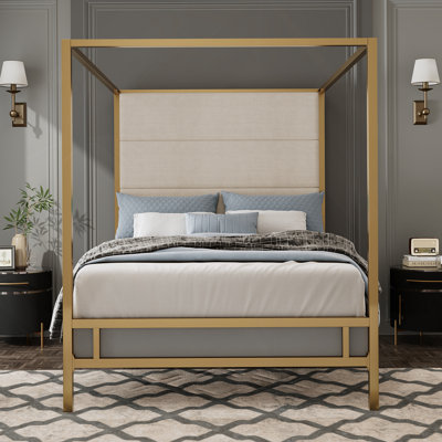 Modern Gold Canopy Bed With Tall Linen Upholstered Headboard, Durable Metal Frame, And Elegant Design For Luxurious Bedrooms