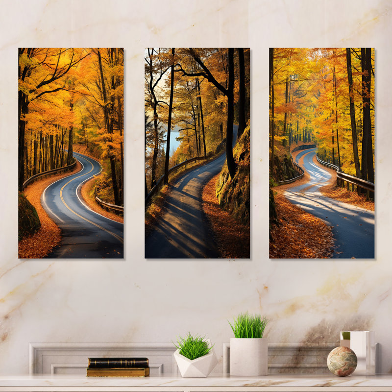 Passerelle automne route dans la forêt I - ensemble de 3 impressions sur toile routières, Toile tendue, H 28 po x l 36 po