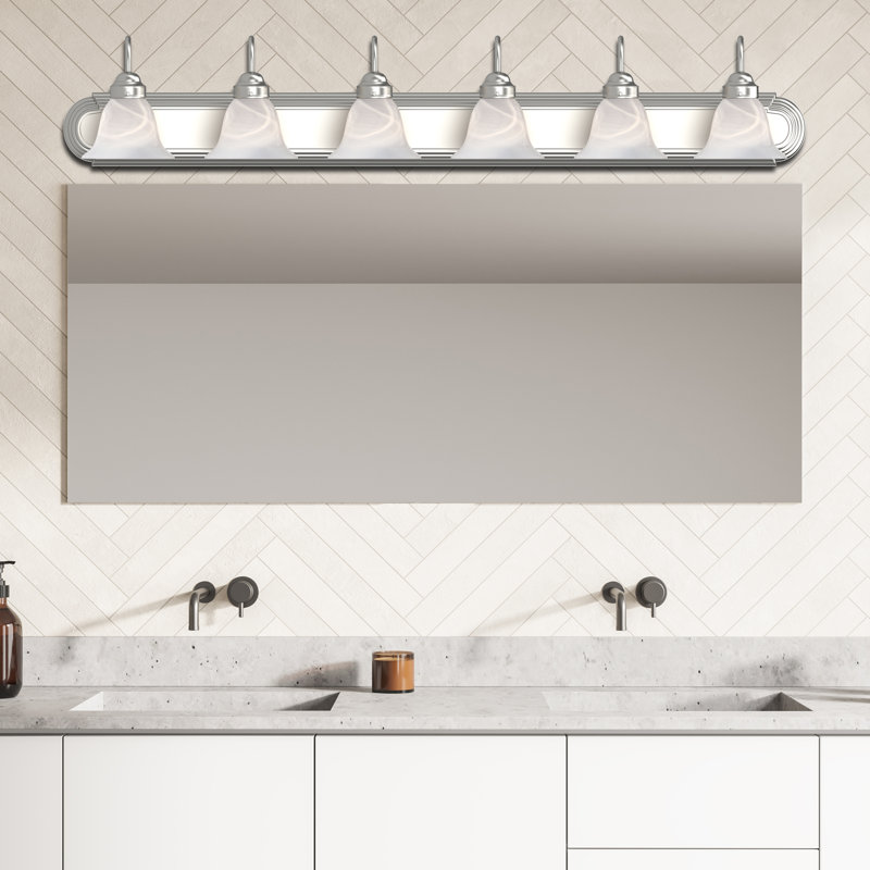  Support pour salle de bain ou meuble-lavabo mural en nickel brossé 6 lumières avec abat-jour en verre albâtre Marti