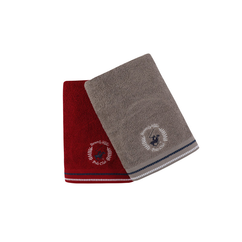 Ensemble de 2 serviettes de bain 100% coton, Rouge bordeaux / gris