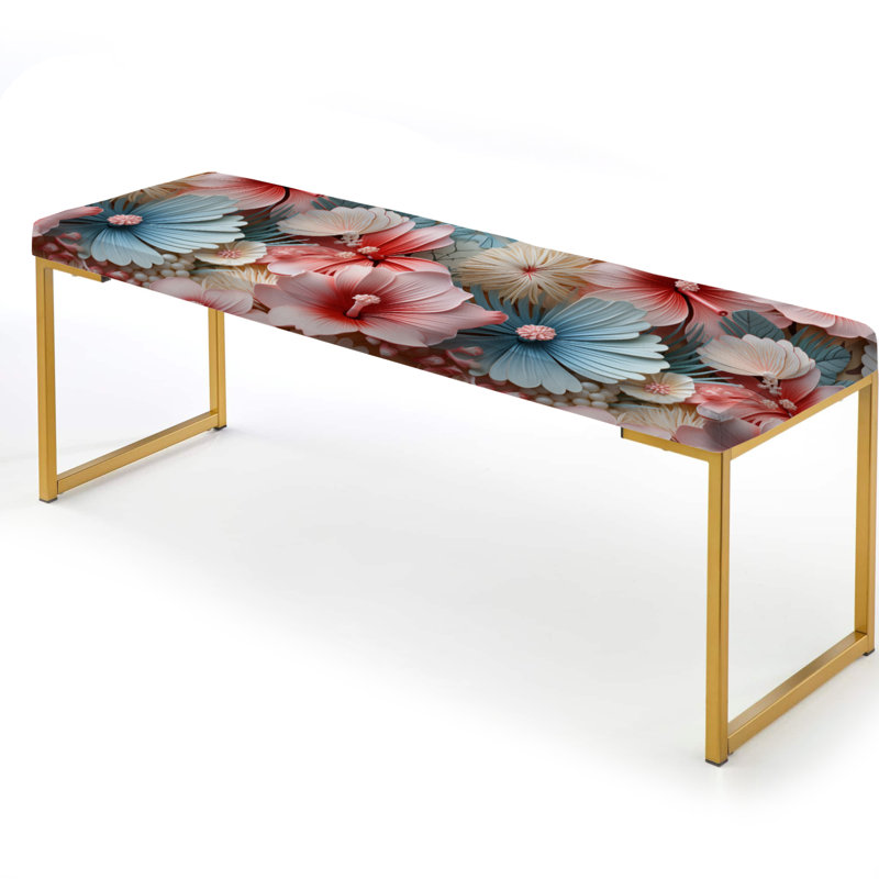 Seashell Mirage Tropical Pattern - Coastal Upholstered Gold Bench