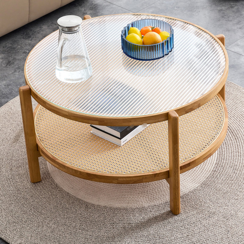 Élégante table à thé en bois naturel avec élément tissé et surface transparente de salon moderne faite de décoration solide