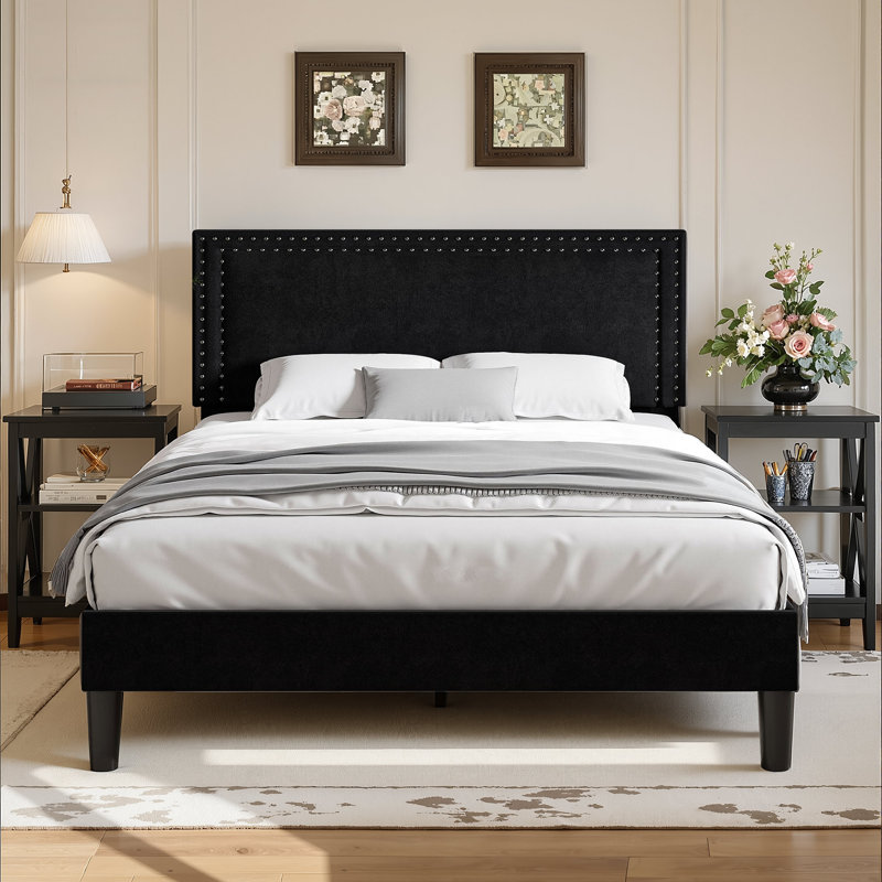 Queen Upholstered Bed With 2 Nightstands – Modern Bedroom Set, Queen, Black