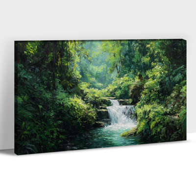 Canvas Wall Art Spring Waterfall in Green Forest Landscape Canvas Prints Poster Wrapped Painting for Living Room Bedroom Farmhouse Rustic Wall Artwork Ready to Hang, 20×30 Inches