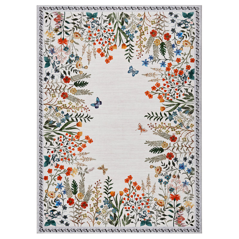 Boho 9x12 Washable Rugs for Entryway Floral Rugs for Bedroom, Beige Bathroom Rug Non Slip Washable, Soft Indoor Carpet Throw Carpet for Kitchen Laundry Living Room Foyer