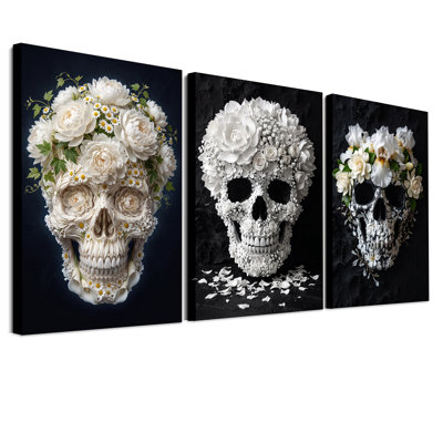 Ensemble de 3 toiles murales pour l'Halloween, motif de crâne floral blanc sur fond sombre