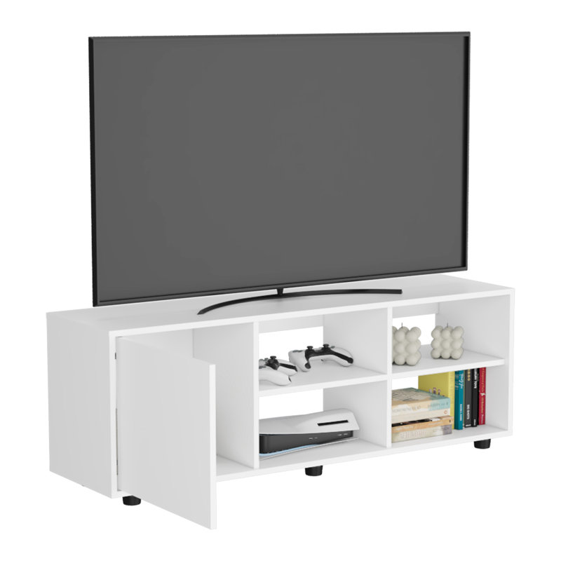 Meuble télé pour téléviseur de 40 à 49 po - blanc avec quatre tablettes ouvertes et un tiroir console dissimulée, Blanc