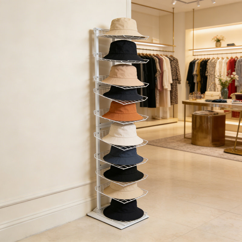 Support à chapeaux à 9 niveaux, présentoir de rangement en métal pour casquettes, noir / blanc, Blanc
