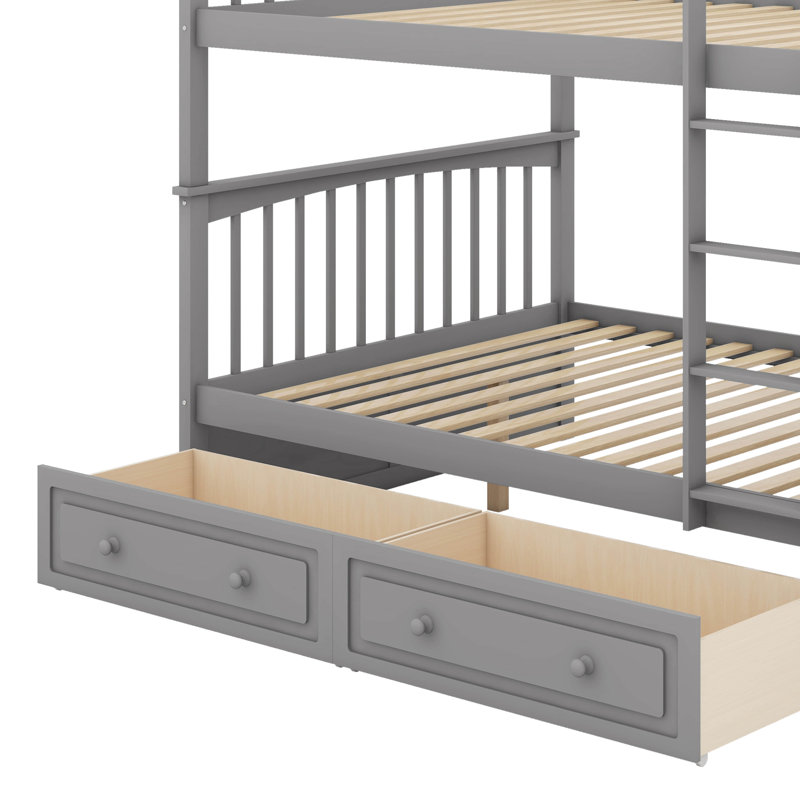 Full Over Full Bunk Bed With Drawers, Gray