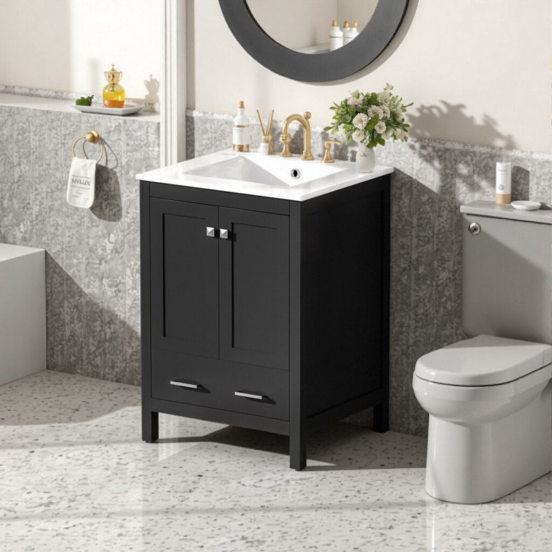 Élégance peu encombrante: meuble-lavabo de 24 po avec lavabo encastré intégré et armoire de rangement intelligente, Noir