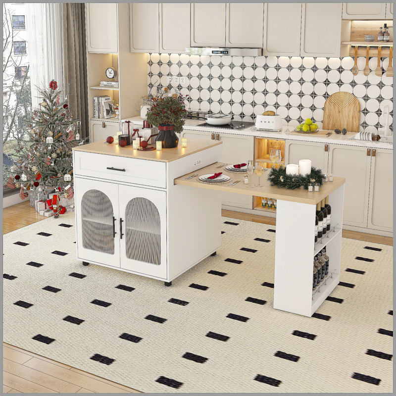 80-Inch Expandable Kitchen Island With Dining Table, Solid Wood Grain Countertop With Power Outlet, Mobile Storage Cart With Cabinet & 2 Drawers, Kitchen Prep Table(White)