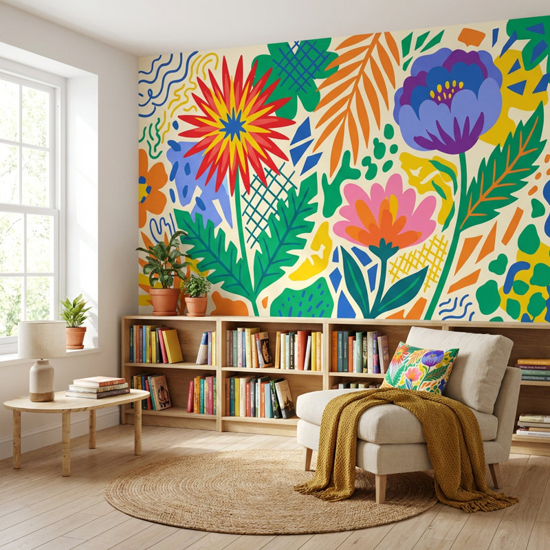 Papier peint floral abstrait décoratif mural vibrant, 120 po x 96 po, Non tissé non collé