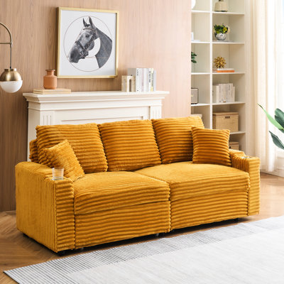 Orange 80-Inch , Three Seats, Corduroy, Pull-Out, Foldable Reclining, Cup Holder, And Pillows For A Modern Living Area Corduroy Stylish
