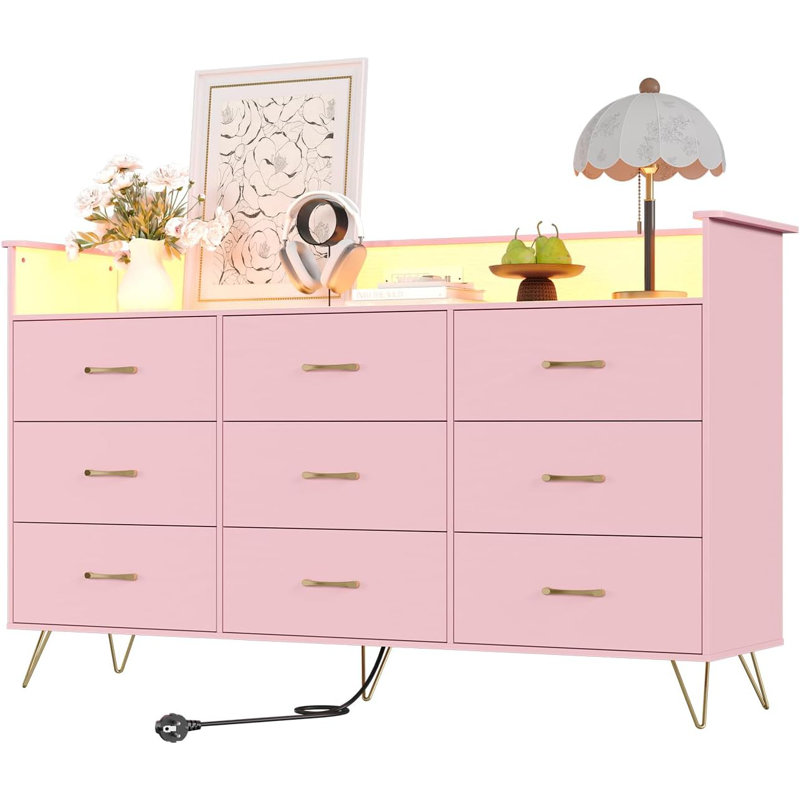 62.8" Modern 9-Drawer Tall Dresser with APP-Controlled RGB Lights & Charging Station (3 Outlets/2 USB), Large Storage Cabinet for Bedroom, Living Room