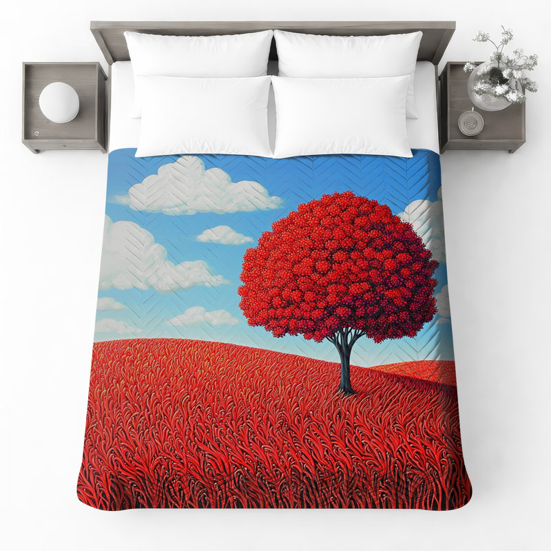Couvre-lit matelassé Red Tree On Hill toutes tailles, Grand lit