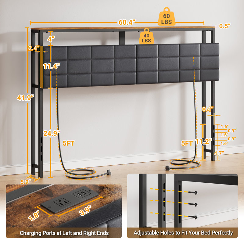 Led Queen Size Headboard With Charging Station