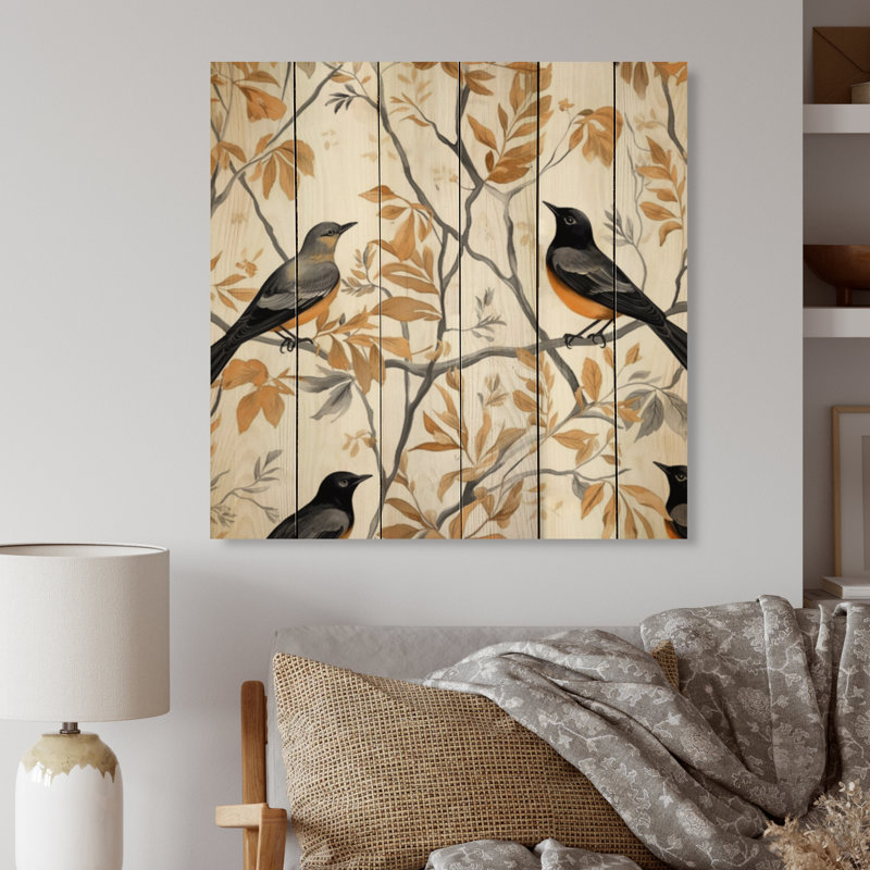 Amarpreet, oiseaux noirs bruns sur arbres sur bois, H 35 po x l 35 po x P 0,78 po