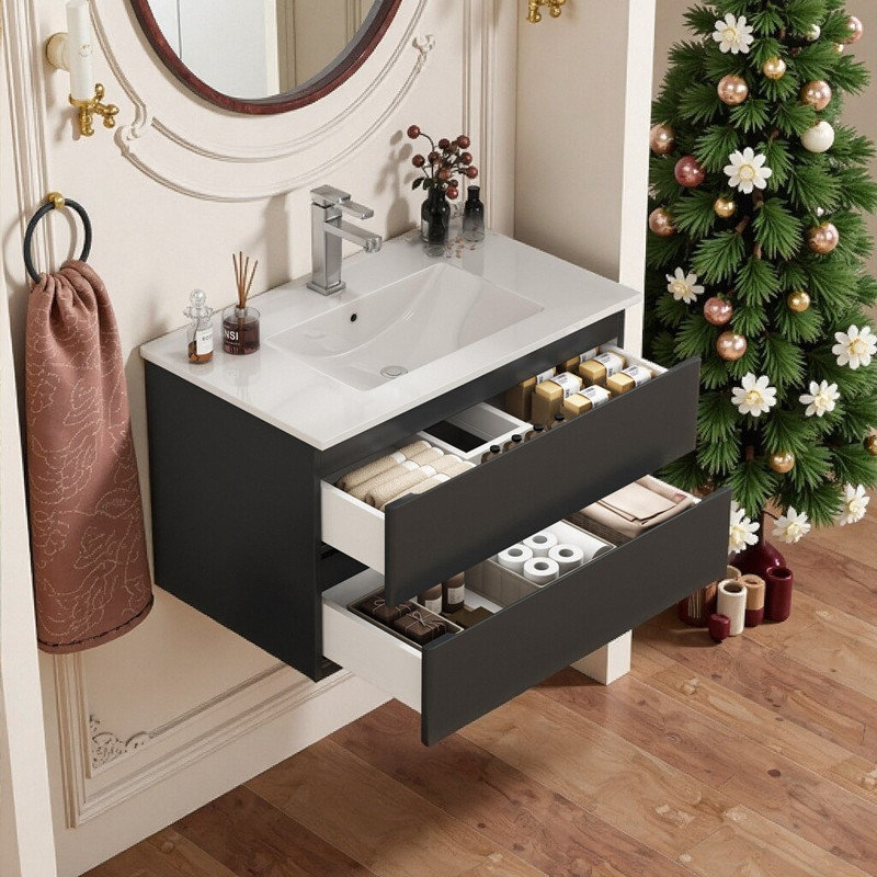 Meuble-lavabo mural Seren de 81 cm (32 pouces) en bois massif avec lavabo en céramique, double tiroir et système de fermeture amortie