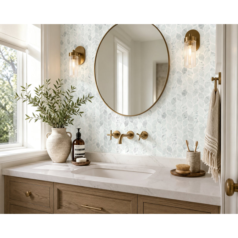 Carrara White Marble 3" x 1.5" Leaf Pattern Polished Mosaic Wall & Floor Tile, Carrara White