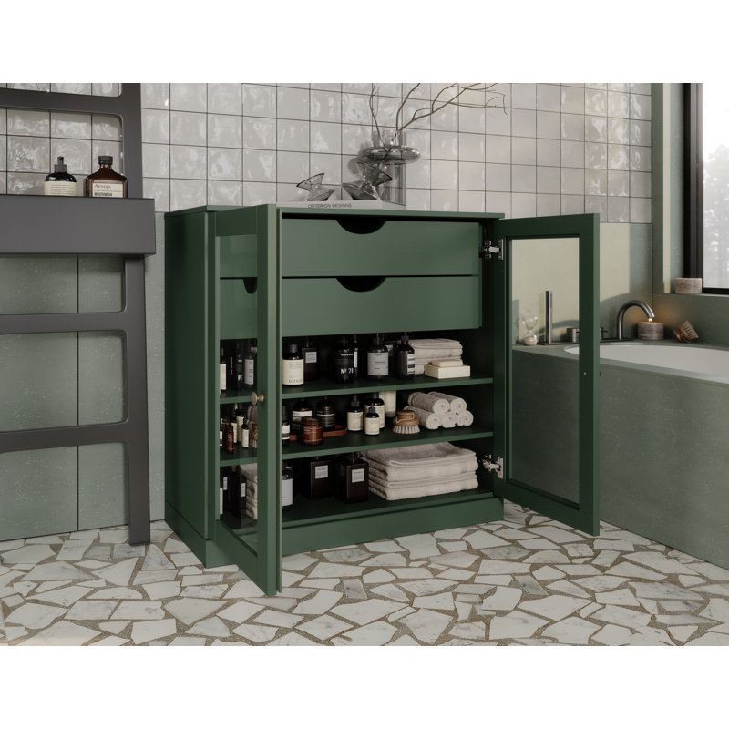 Palace Imports 100% Solid Wood Bathroom Storage Cabinet, Clear Glass Doors, 2 Drawers, Adjustable Shelves, 32" Wide, 35.75" Tall