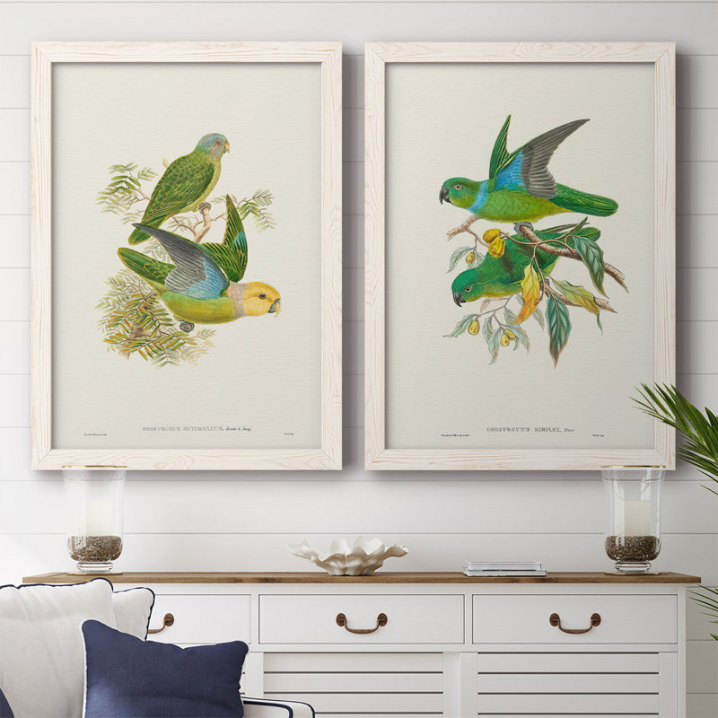 Toile encadrée «Lime & Cerulean Parrots I-Premium» - prête à être accrochée, H 27,5 po x l 75 po x P 1,5 po, Blanc