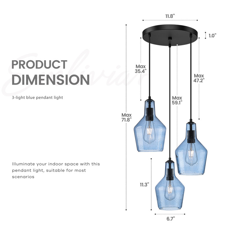 Luminaire suspendu grappe 3 lumières avec verre bullé, Bleu, Noir mat, Trois lumières