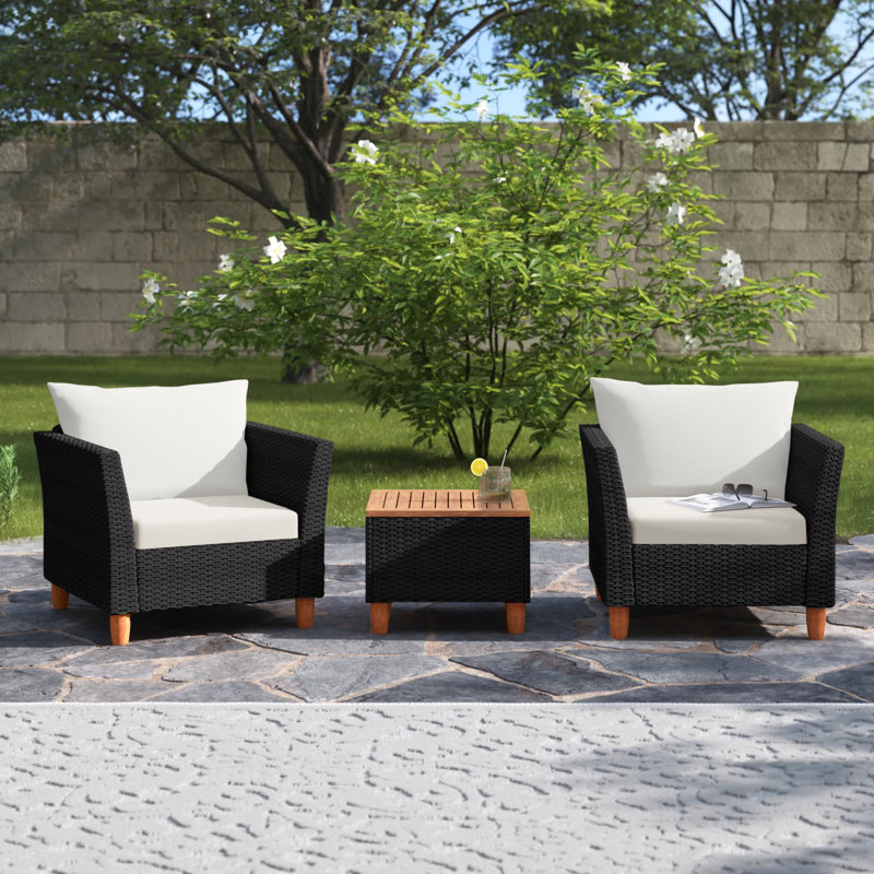 Antun Acacia 2 - Person Patio Conversation Set with Cushions, Black Frame/White Cushion