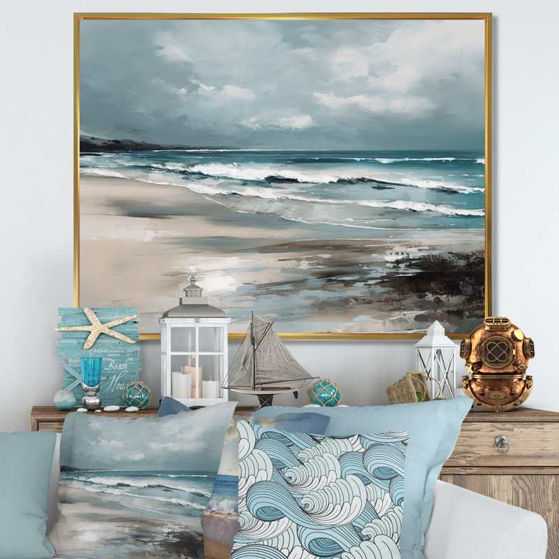 «Coastal Waves III - Modern Beach», art mural sur toile, Cadre flottant doré, H 34 po x l 44 po x P 1,5 po